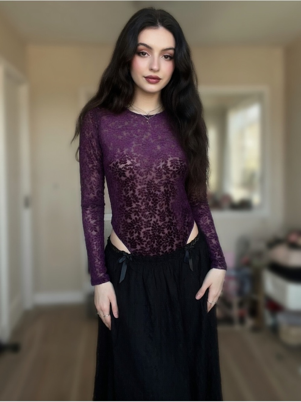 Whimsigoth Sheer Purple Floral Velvet Burnout  Bodysuit Dark Fairy Romantic XL